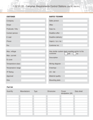 Customer Requirements Control Stations Form