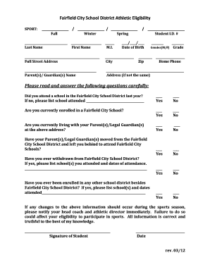 Fairfield City School District Athletic Eligibility Form