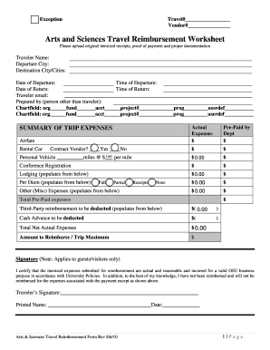 Arts and Sciences Travel Reimbursement Worksheet