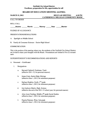 Board of Education Meeting Agenda