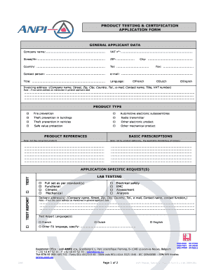 Product Testing Certification Application Form