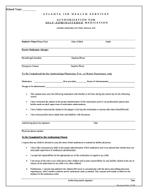 Atlanta ISD Self-Administered Medication Authorization