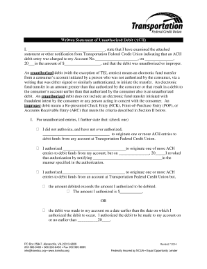 Written Statement of Unauthorized Debit (ACH)