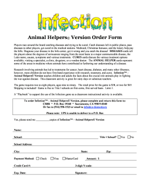 Infection Animal Helpers Game Order Form