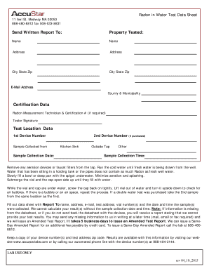 Radon in Water Test Data Sheet