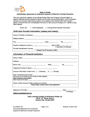 Florida Child Care Provider Direct Deposit Authorization