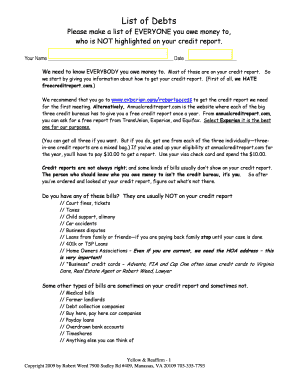 Debt List Form for Bankruptcy