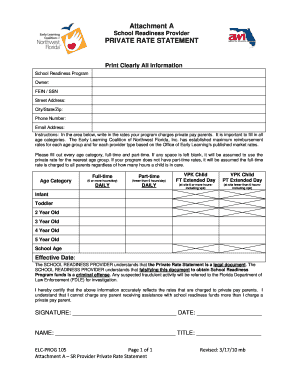 School Readiness Provider Private Rate Statement
