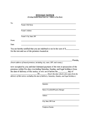 Five Day Notice for Mobile Home Eviction