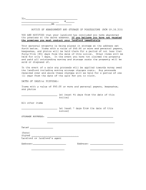 Washington Notice of Abandonment and Storage of Possessions
