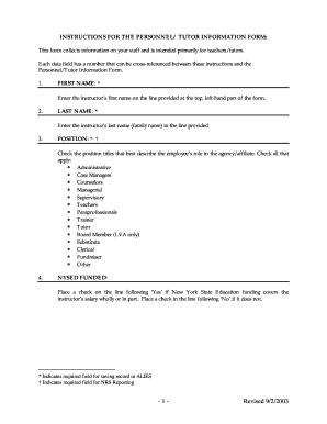 Personnel/Tutor Information Form