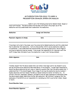 Authorization for Child to Carry Prescription Inhaler, Epipen or Insulin