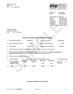 California Unemployment Insurance Award Notice