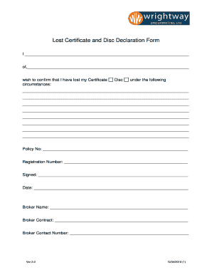 Lost Certificate and Disc Declaration Form