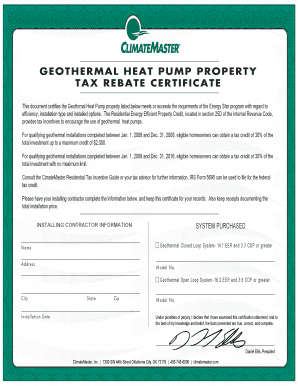 Geothermal Heat Pump Tax Rebate Certificate