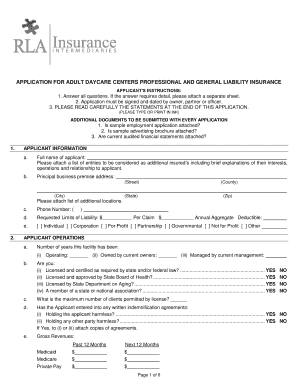 Adult Daycare Center Liability Insurance Application