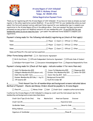 Arizona USA Volleyball Registration Payment Form