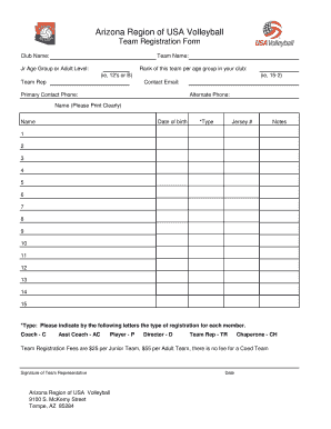 Arizona USA Volleyball Team Registration Form