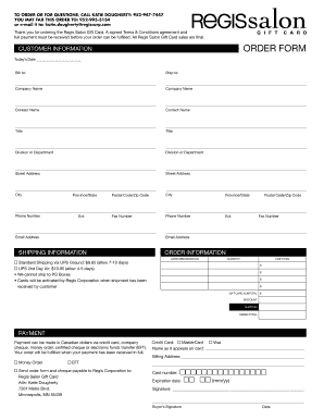 Regis Salon Gift Card Order Form