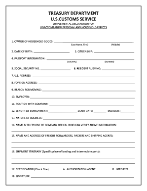 Supplemental Declaration for Unaccompanied Personal and Household Effects