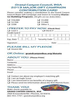 Grand Canyon Council BSA Major Gift Campaign Contribution Card