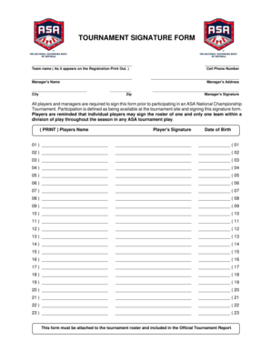 ASA National Championship Tournament Signature Form