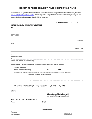 Request to Reset Document Filed in Error