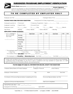 Subsidized Programs Employment Verification Form