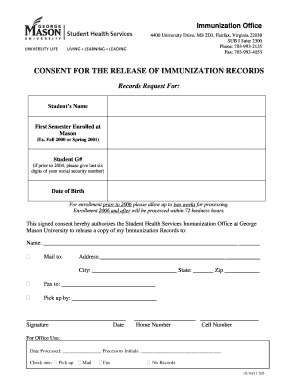 Proof of meningitis vaccine form - CONSENT FOR THE RELEASE OF IMMUNIZATION RECORDS - ehsgmuedu - ehs gmu