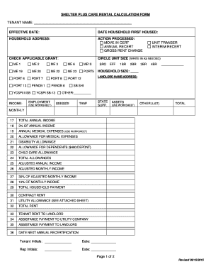 Shelter Plus Care Rental Calculation Form