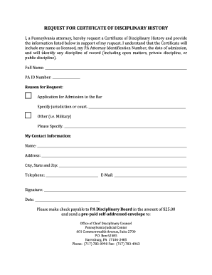 Request for Certificate of Disciplinary History