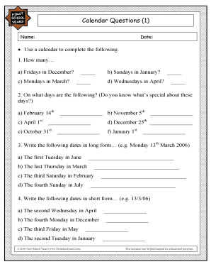 Calendar Questions Worksheet