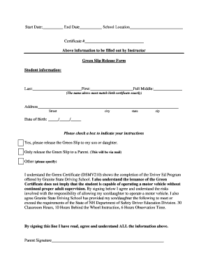 Green Slip Release Form
