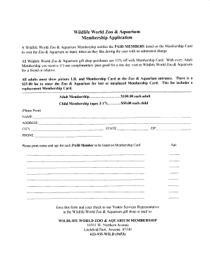 Wildlife World Zoo Membership Application