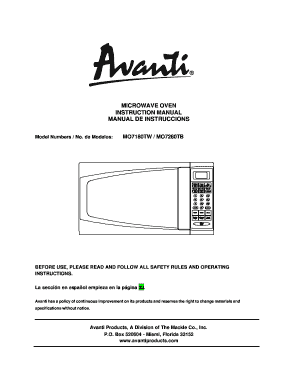 Avanti Microwave Oven Registration Card