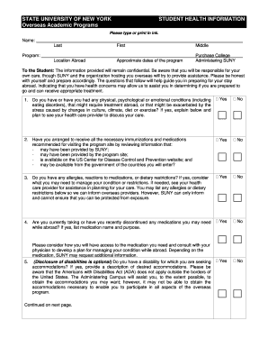 SUNY Student Health Information Form