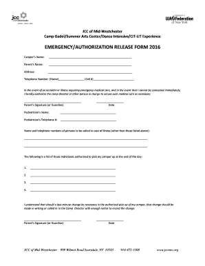 Camp Emergency Authorization Release Form