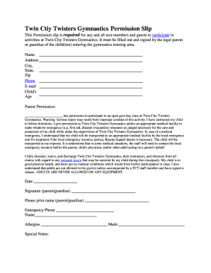 Twin City Twisters Gymnastics Permission Slip