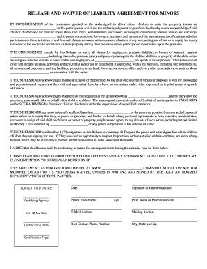 Release and Waiver of Liability Agreement for Minors