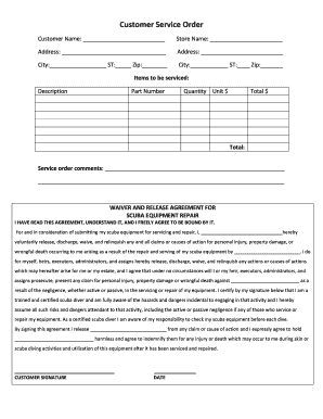 Scuba Equipment Service Order and Waiver