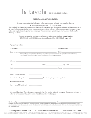 La Tavola Linen Rental Credit Card Authorization