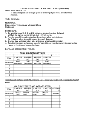Fillable Online CALCULATING SPEED OF A MOVING OBJECT TEACHER OBJECTIVE ...