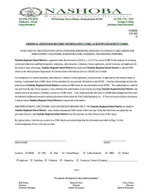 Criminal Offender Record Information (CORI) Acknowledgement Form
