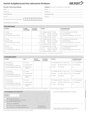 Notfall-Aufgabeverzeichnis adressierte Briefpost
