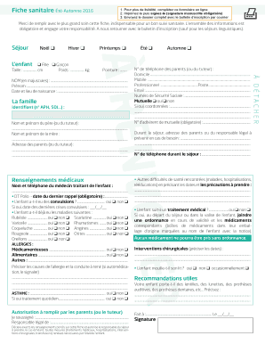 Fiche sanitaire Été-Automne 2016
