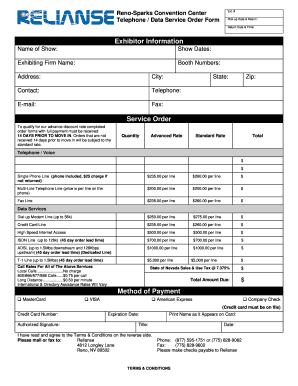 Reno-Sparks Convention Center Telephone Data Service Order Form