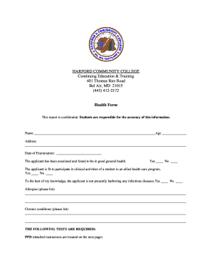 Harford Community College Health Form