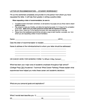 Student Letter of Recommendation Worksheet