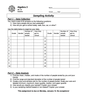 Algebra 2 Statistics Sampling Activity