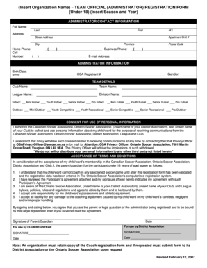 Ontario Soccer Association Administrator Registration Form